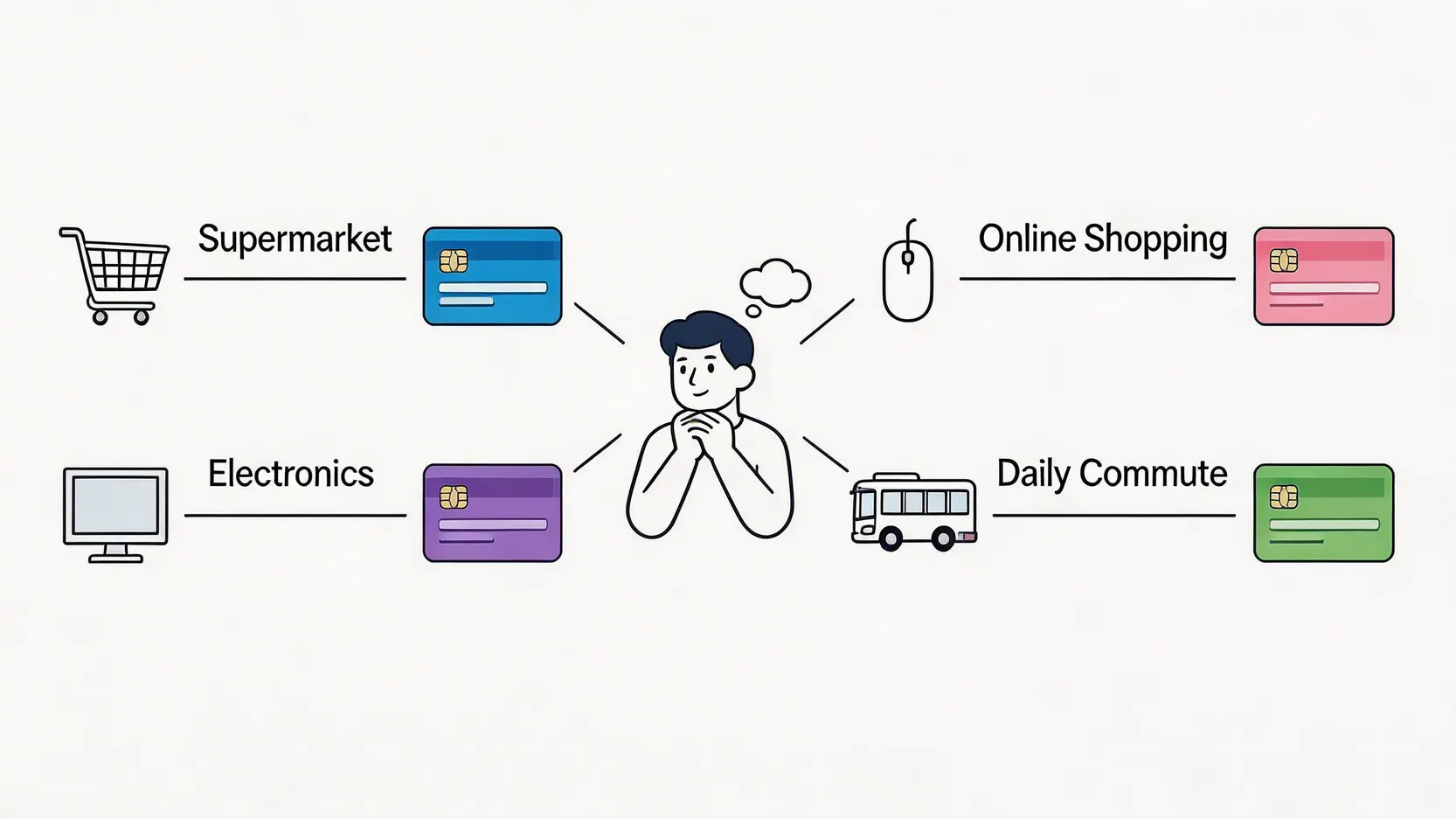 【2026信用卡推薦】超市/網購/電器/八達通回贈神卡全攻略(附迎新比較) 1 超市信用卡推薦,網購信用卡比較,八達通自動增值信用卡,電器舖信用卡優惠 一張概念圖,展示如何根據不同消費場景(如超市、網購、電器)來組合使用不同的信用卡,以實現回贈最大化。
