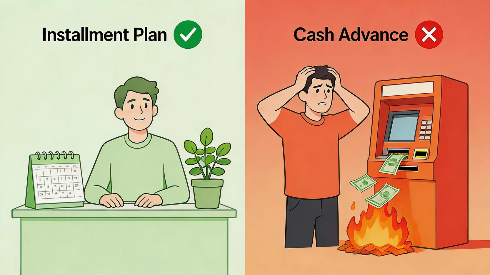 信用卡現金套現終極指南:2026搞懂過數方法、手續費比較與交租大法 1 信用卡現金套現,信用卡過數方法,信用卡交租賺回贈,信用卡轉賬免手續費 信用卡現金分期與現金透支的風險對比圖,左邊是安全的現金分期計劃,右邊是高風險的ATM現金透支。