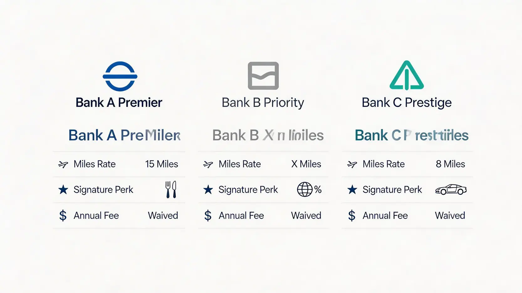 【2026最新】滙豐卓越理財信用卡優惠大全:5大必知禮遇 (迎新/年費/里數一篇搞懂) 3 滙豐卓越理財信用卡優惠,HSBCPremier信用卡年費,尊貴理財戶口信用卡比較 一張對比圖,比較了三間銀行的尊貴理財信用卡,重點突顯了它們在飛行里數兌換率和特色禮遇(如餐飲、海外回贈、轎車接送)上的主要差異。
