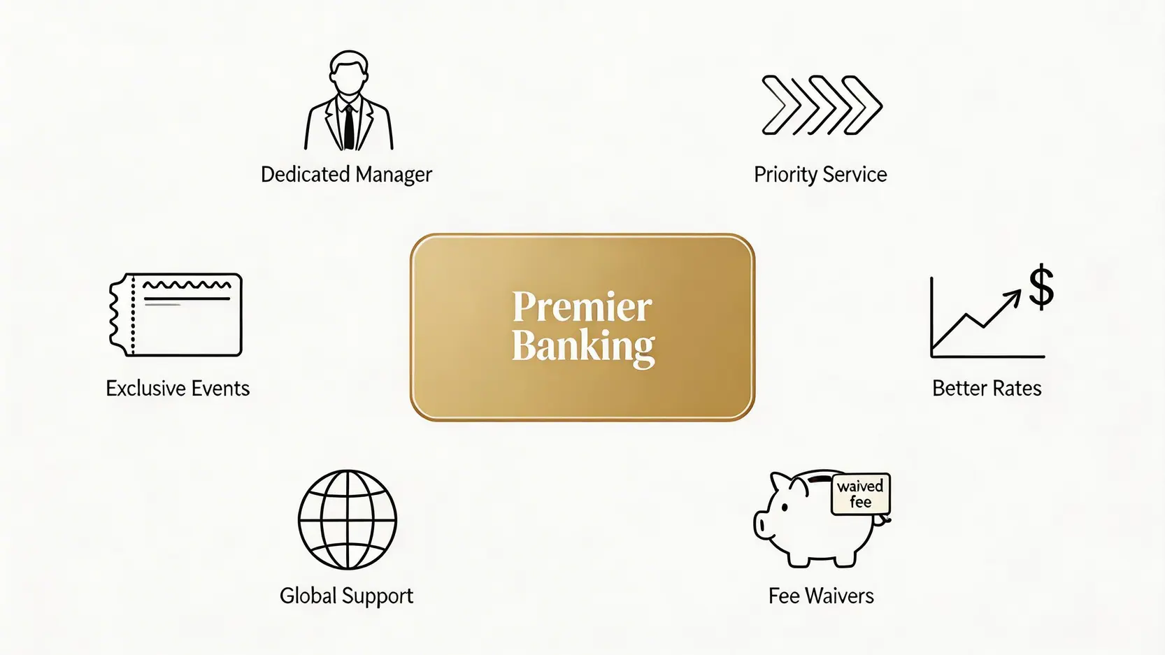 【2026香港銀行理財戶口比較】一篇搞懂各大銀行門檻、迎新優惠及收費 (HSBC/渣打/Citibank) 2 香港銀行理財戶口比較,各大銀行尊貴理財戶口門檻,PremierBanking迎新優惠 尊貴理財戶口六大核心優勢的示意圖,包括專屬客戶經理、優先服務、更佳利率、費用豁免、環球支援和獨家活動。
