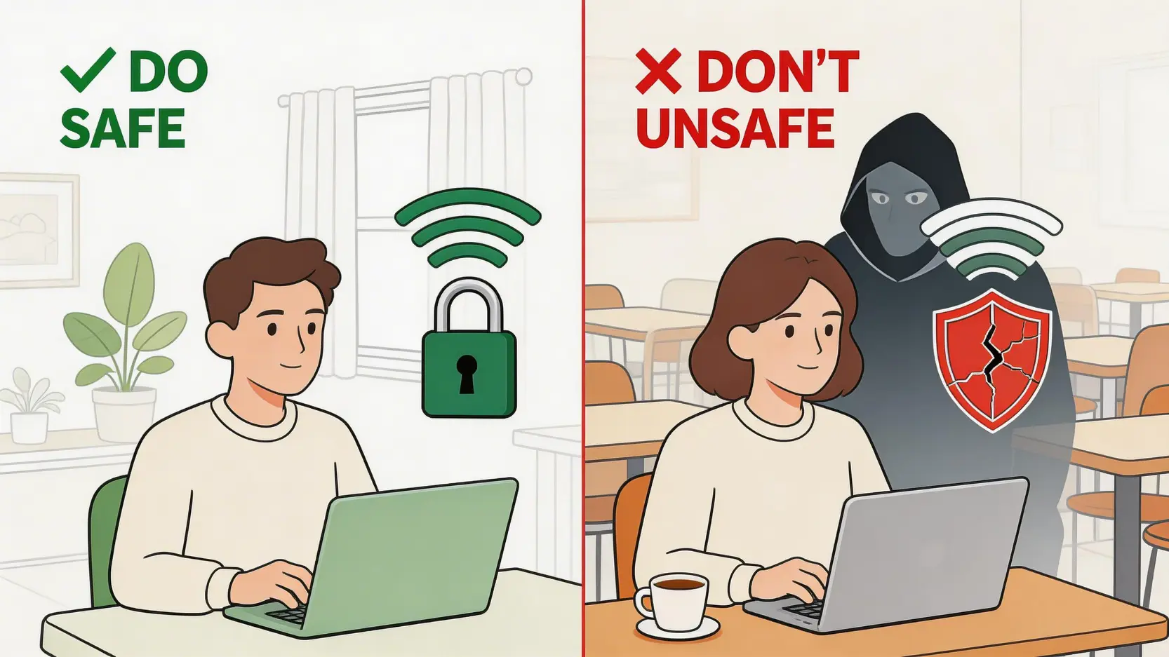 網上理財教學2026:滙豐個人網上理財登入、中銀轉數快、大新App開戶全攻略 4 滙豐個人網上理財登入,中銀網上理財教學,大新銀行網上理財,手機理財App 網上理財安全須知對比圖,顯示在家中使用私人Wi-Fi是安全的,而在公共場所使用公共Wi-Fi則存在風險。