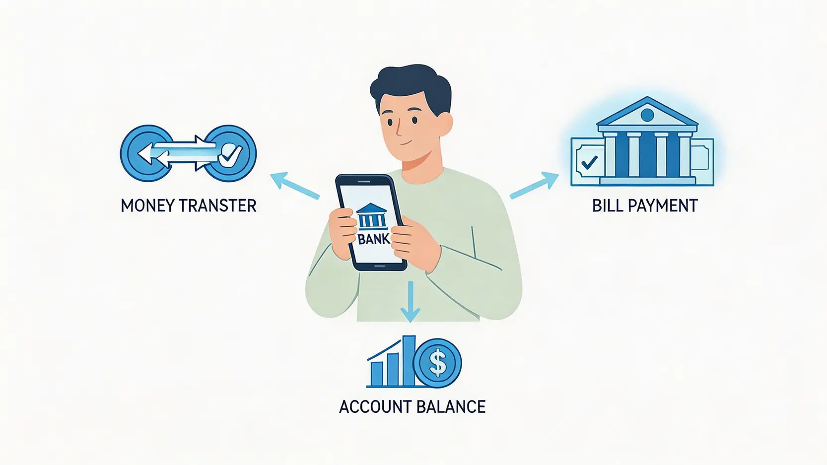 網上理財教學2026:滙豐個人網上理財登入、中銀轉數快、大新App開戶全攻略 2 滙豐個人網上理財登入,中銀網上理財教學,大新銀行網上理財,手機理財App 一位用戶透過手機安全地使用網上理財服務,包括轉賬、繳費和查閱結餘的概念示意圖。