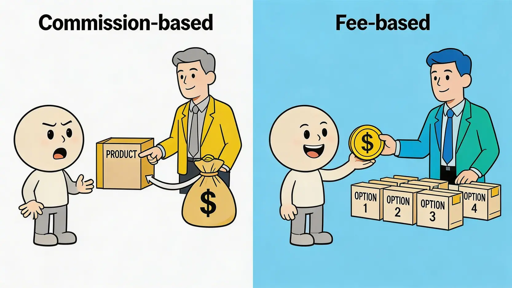 理財規劃師香港終極指南:一篇搞懂CFP收費、如何選擇及服務內容 3 理財規劃師香港,CFP收費,如何選擇理財顧問,獨立理財顧問 理財顧問佣金制與顧問費制的對比圖,顯示了兩種模式下的利益關係。