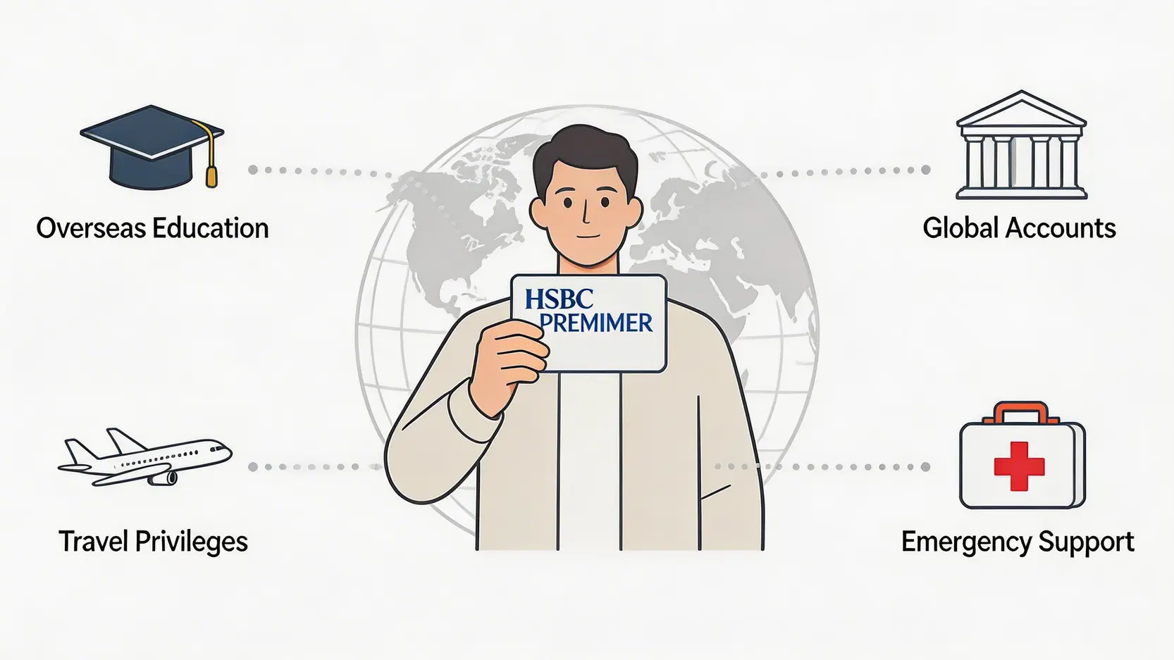 【2026最新】滙豐卓越理財要求一篇搞懂:最低存款、開戶優惠及年費全攻略 4 滙豐卓越理財要求,滙豐卓越理財最低存款,HSBCPremier戶口優惠,全面理財總值 滙豐卓越理財環球禮遇概念圖,展示客戶如何透過一個戶口享受全球戶口互通、子女升學支援和緊急旅遊服務。