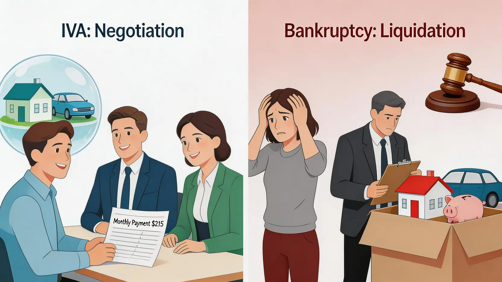 【債務重組vs破產】IVA破產分別、好處壞處及申請程序全拆解 2 債務重組破產分別,IVA破產比較,申請破產好處壞處 債務重組與破產的核心概念對比圖,左邊顯示協商還款並保留資產,右邊顯示清盤變賣資產來償還債務。