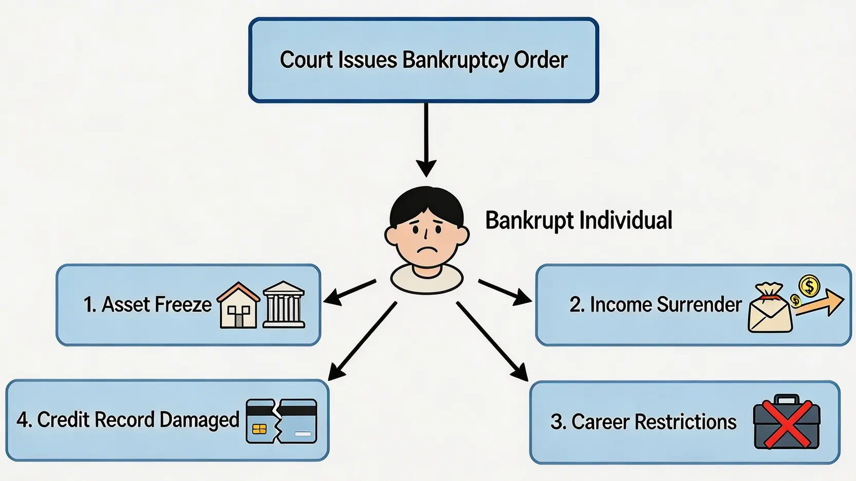申請破產後果懶人包:破產令對生活、工作及信貸的10大影響全解析 2 申請破產後果,破產限制,破產令影響,破產影響家人 一張流程圖,展示法院頒布破產令後的四大主要後果:資產凍結、收入上繳、職業限制及信貸紀錄受損。