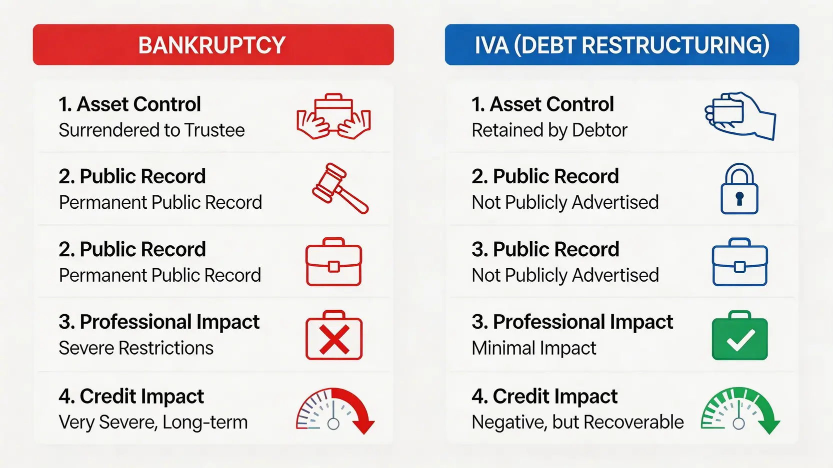 申請破產後果懶人包:破產令對生活、工作及信貸的10大影響全解析 3 申請破產後果,破產限制,破產令影響,破產影響家人 一張對比圖,比較「破產」與「債務重組(IVA)」在資產控制、公開紀錄、職業影響和信貸衝擊四個方面的區別。