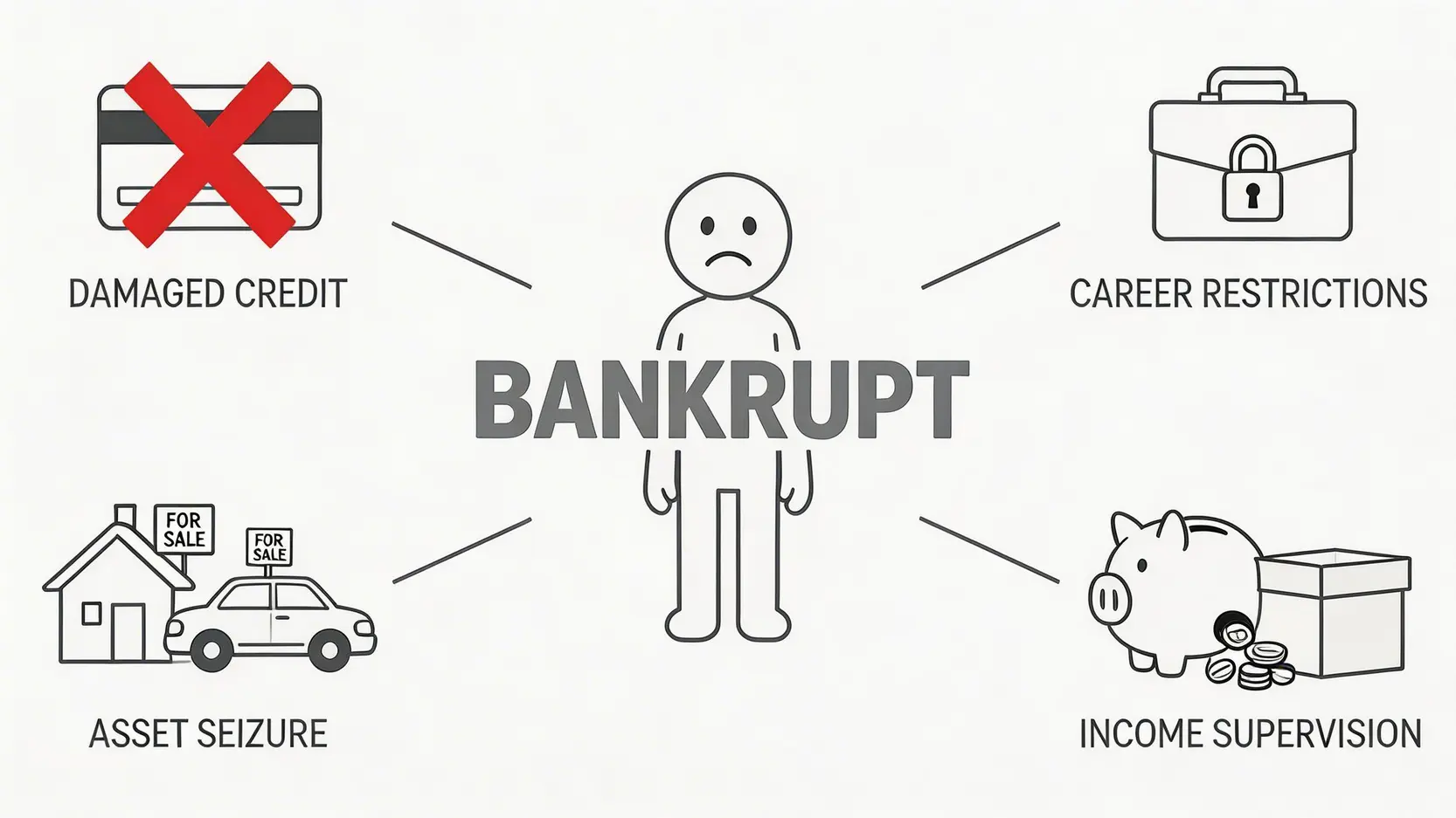 【破產懶人包】香港申請破產條件、程序及費用全攻略 3 申請破產條件,申請破產程序,申請破產費用,破產後果 破產後果的概念圖,展示了對個人信貸、職業、資產和收入的負面影響。