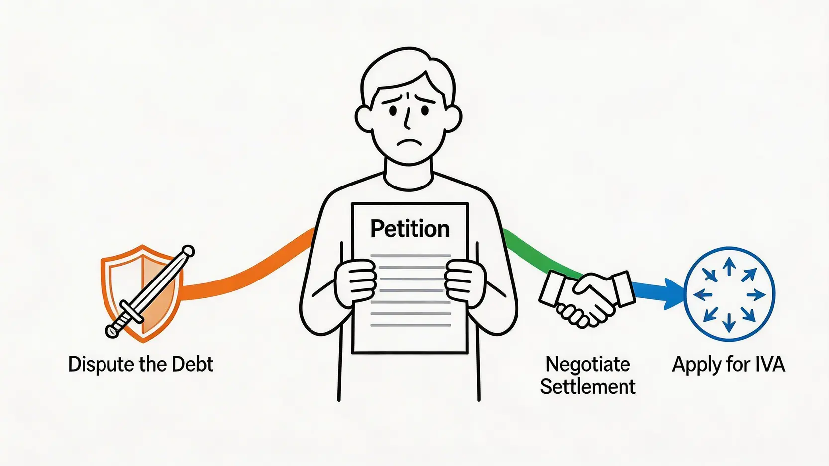 【被申請破產全攻略2026】收到破產呈請書點算?一文睇清債權人申請流程及會議程序 3 被申請破產,債權人申請破產,債權人會議程序,收到破產呈請書 收到破產呈請書後的三種應對策略示意圖:提出抗辯、尋求和解或申請個人自願安排。