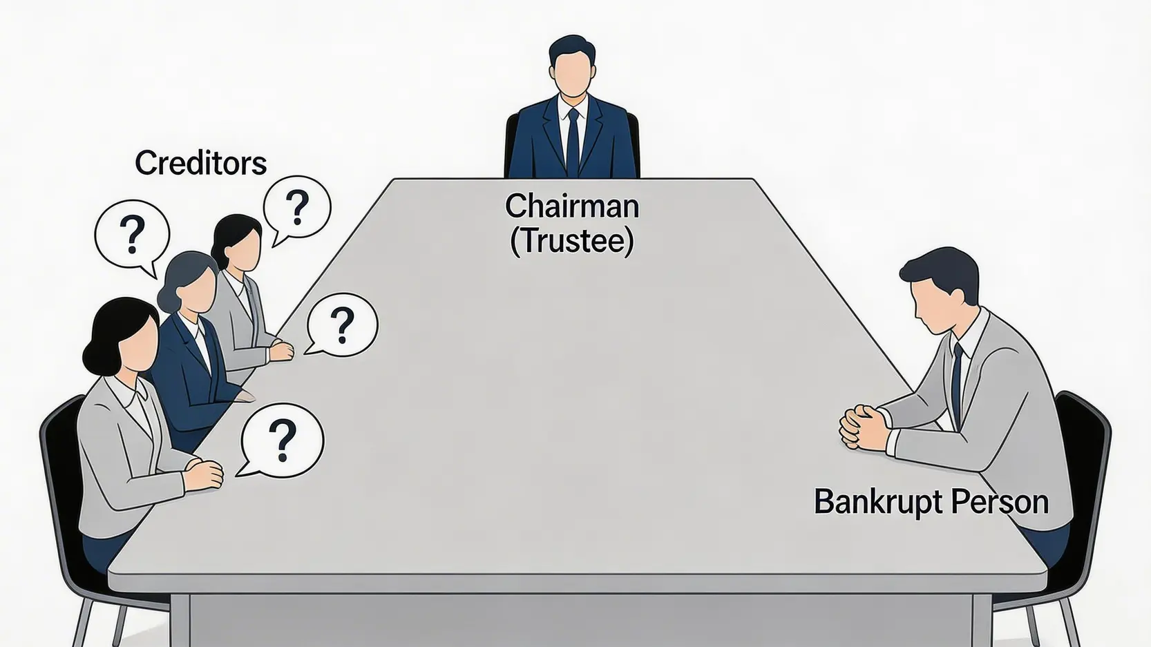 【被申請破產全攻略2026】收到破產呈請書點算?一文睇清債權人申請流程及會議程序 4 被申請破產,債權人申請破產,債權人會議程序,收到破產呈請書 債權人會議中主席、債權人及破產人三方角色的關係示意圖。