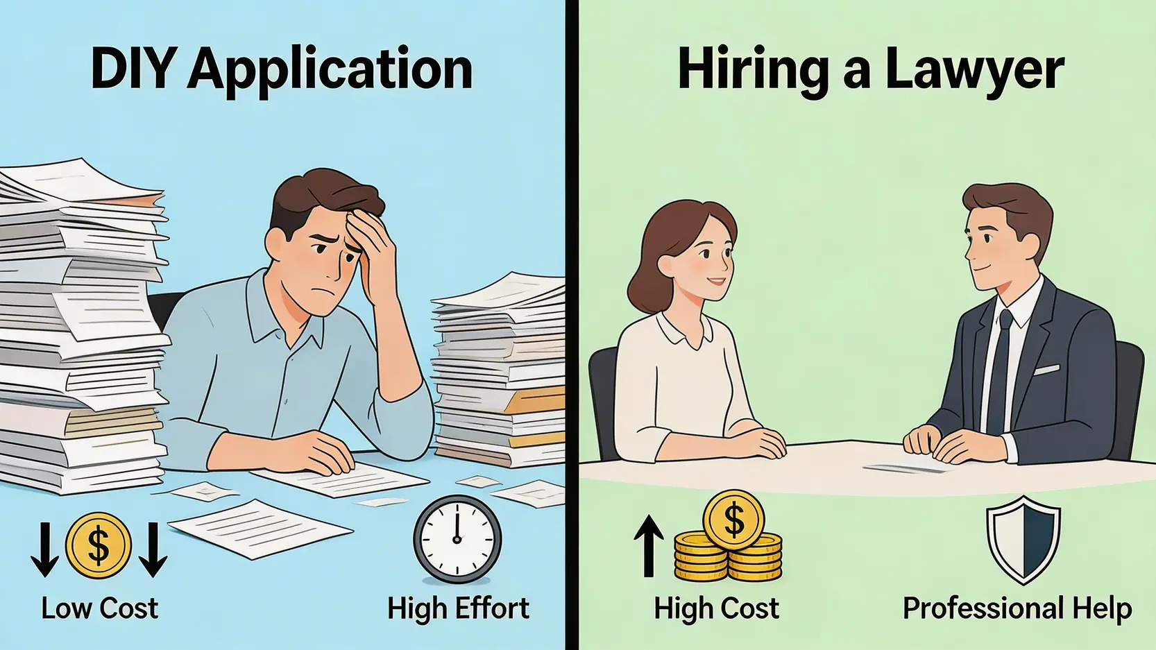 【自己申請破產全攻略】一篇搞懂程序、費用、資格及影響! 4 自己申請破產,申請破產程序,申請破產費用,個人破產資格 自己申請破產與聘請律師的優缺點對比圖,比較兩者在費用和精力投入上的差異。