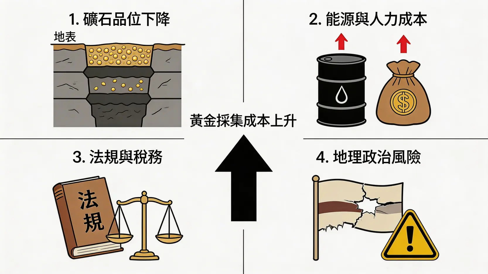 黃金採集成本揭秘:為何2026年金價地板價越來越高? 3 黃金採集成本,黃金綜合維持成本,AISC,金價與生產成本關係,影響黃金開採的因素,黃金投資 推升黃金開採成本的四大關鍵因素圖解