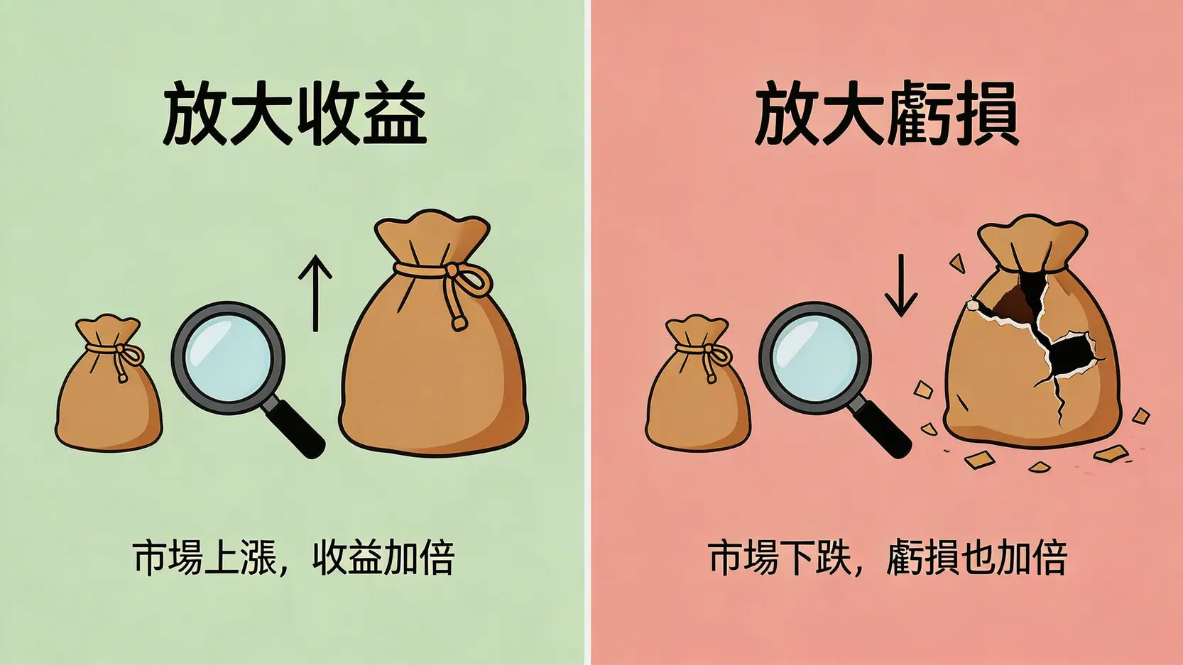 股票爆倉是什麼?2026年新手必讀:從保證金到強制平倉的終極指南 3 股票爆倉,強制平倉,保證金計算,槓桿交易風險,融資斷頭,股票按金 一張對比圖,展示槓桿交易的雙面性:左側顯示市場上漲時收益被放大,右側顯示市場下跌時虧損同樣被放大。