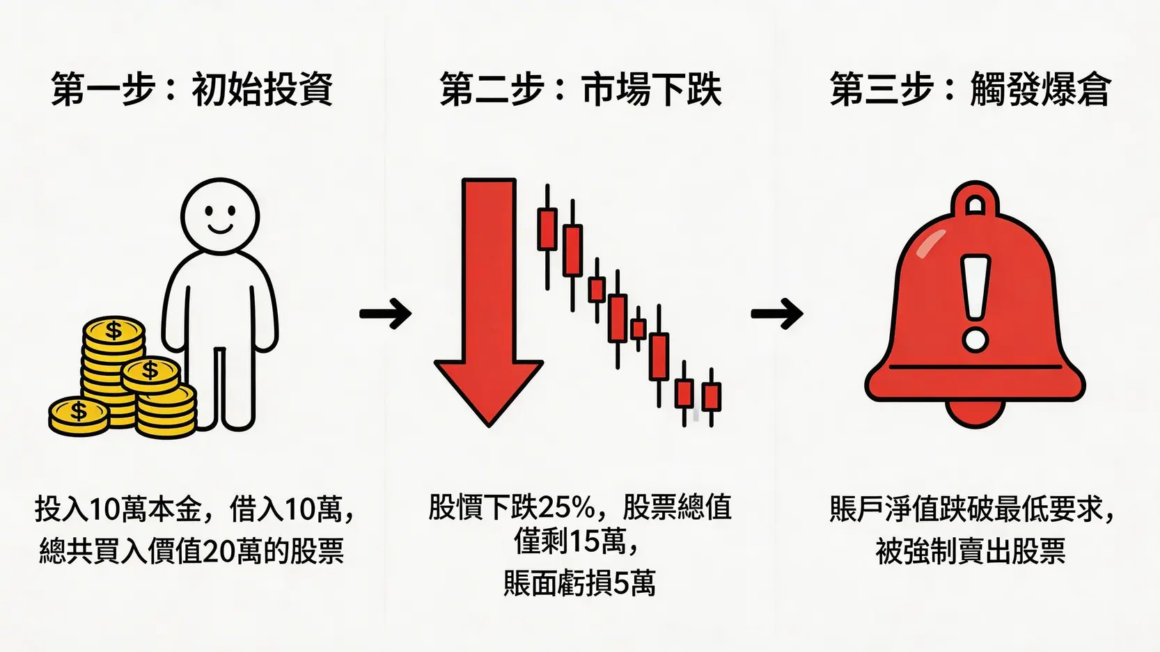 股票爆倉是什麼?2026年新手必讀:從保證金到強制平倉的終極指南 2 股票爆倉,強制平倉,保證金計算,槓桿交易風險,融資斷頭,股票按金 一個說明股票爆倉過程的流程圖,展示了從初始投資、市場下跌到最終被強制平倉的三個階段。