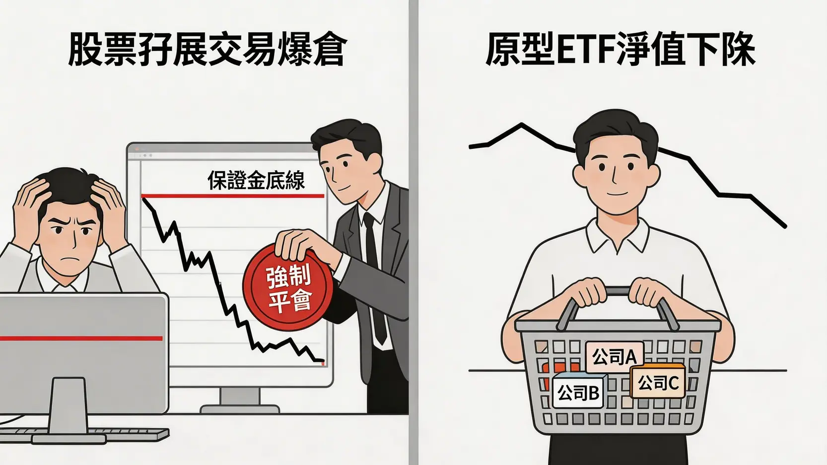 ETF爆倉迷思破解:槓桿反向ETF歸零風險全解析 2 ETF爆倉,槓桿ETF風險,ETF會下市嗎,反向ETF缺點,股票爆倉,TQQQ歸零 股票孖展交易爆倉與原型ETF淨值下跌的機制對比圖