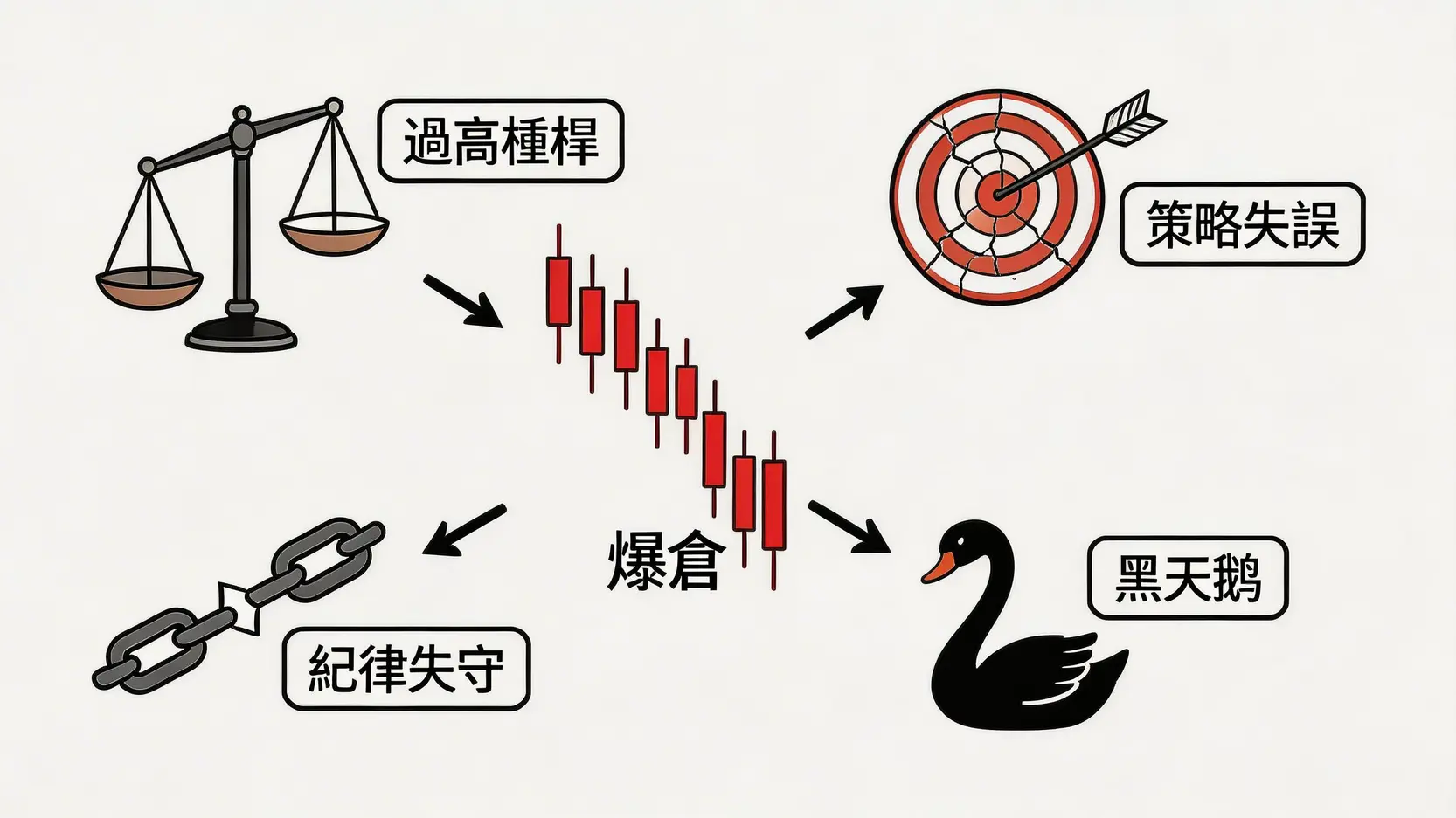 股票爆倉了怎麼辦?從谷底翻身的3個步驟(2026療癒指南) 3 股票爆倉,股票爆倉怎麼辦,投資失敗如何調適,爆倉後負債處理,強制平倉後果,重新建立交易信心 導致股票爆倉的四個常見原因圖示:過高槓桿、策略失誤、紀律失守和黑天鵝事件。