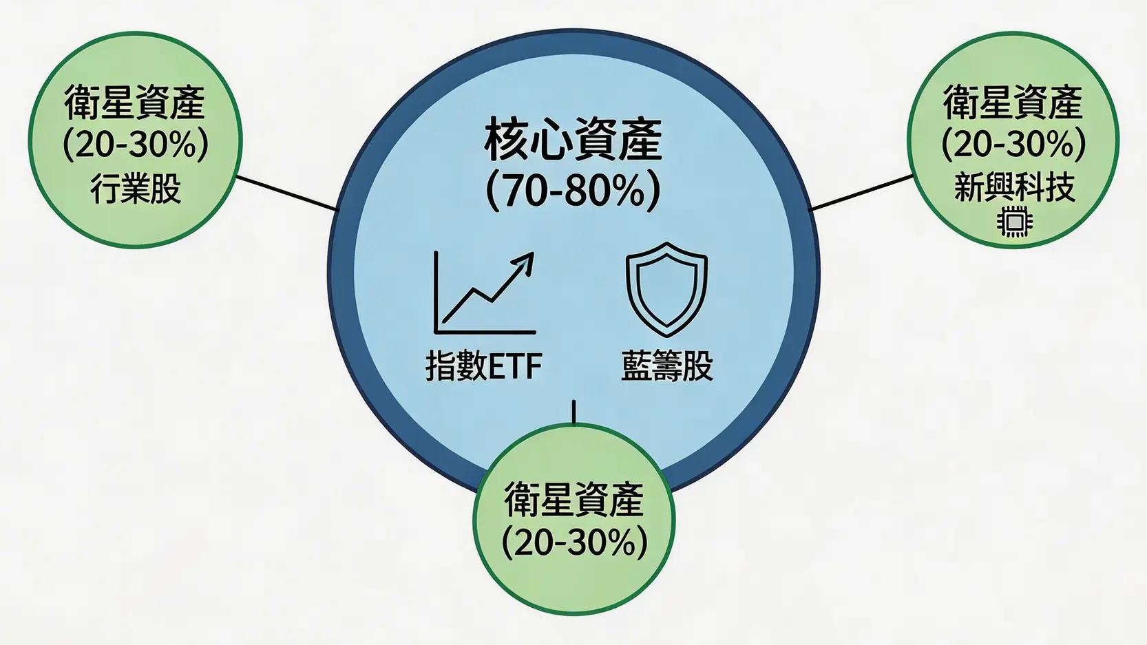 股票爆倉了怎麼辦?從谷底翻身的3個步驟(2026療癒指南) 4 股票爆倉,股票爆倉怎麼辦,投資失敗如何調適,爆倉後負債處理,強制平倉後果,重新建立交易信心 核心衛星資產配置策略示意圖,展示了70-80%的核心穩定資產和20-30%的衛星增長資產。