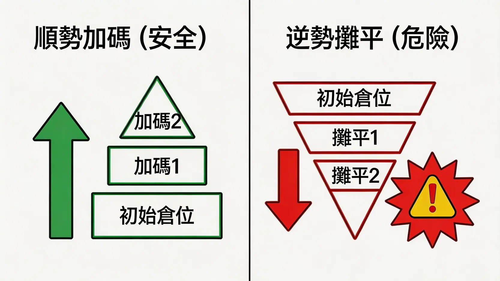 如何避免股票爆倉?5個終極保命策略遠離風險 2 股票爆倉,如何避免股票爆倉,資金控管策略,停損設定,倉位管理技巧,降低槓桿方法 金字塔原則示意圖,對比了安全的順勢加碼正金字塔與危險的逆勢攤平倒金字塔倉位管理方法。