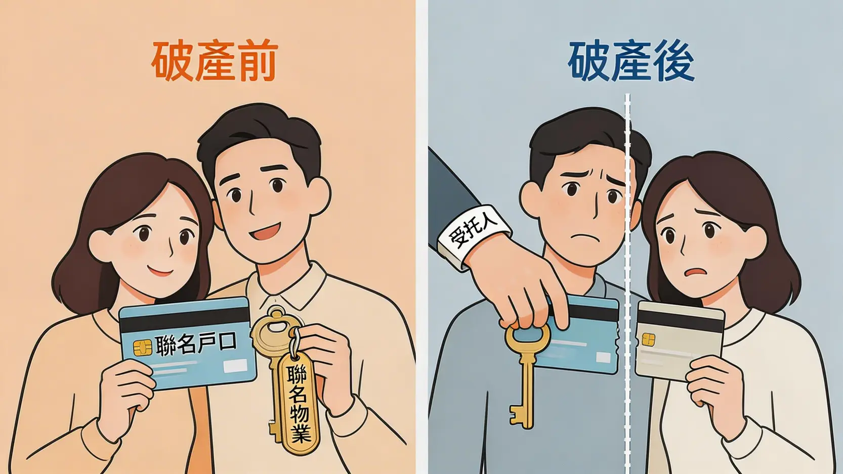 破產後果比想像更嚴重?申請破產前必讀的全面影響分析 3 破產後果,破產影響,破產生活限制,破產對家人的影響,破產令有效期,申請破產 一張對比圖顯示破產前後對夫妻聯名資產的影響,從共同擁有到資產被受託人分割。