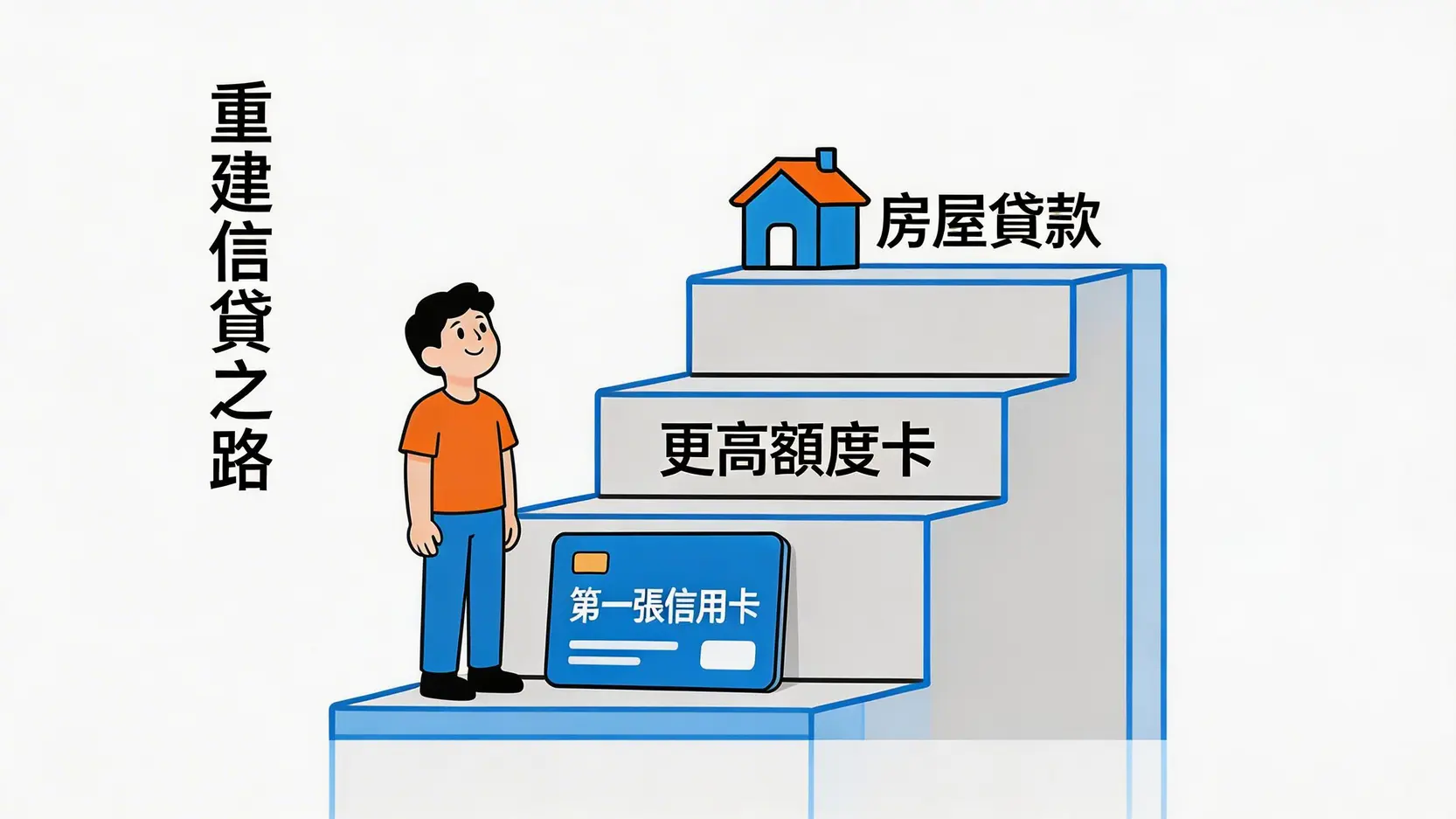 破產後申請信用卡:3步重建信貸,2026年成功TU洗底指南 4 破產後申請信用卡,TU洗底,破產解除證明書,信貸評級,解除破產令證明書申請,易批核信用卡 一個人站在重建信貸階梯的底層,手持第一張信用卡,望向代表更高信貸額度和房屋貸款的更高階梯。