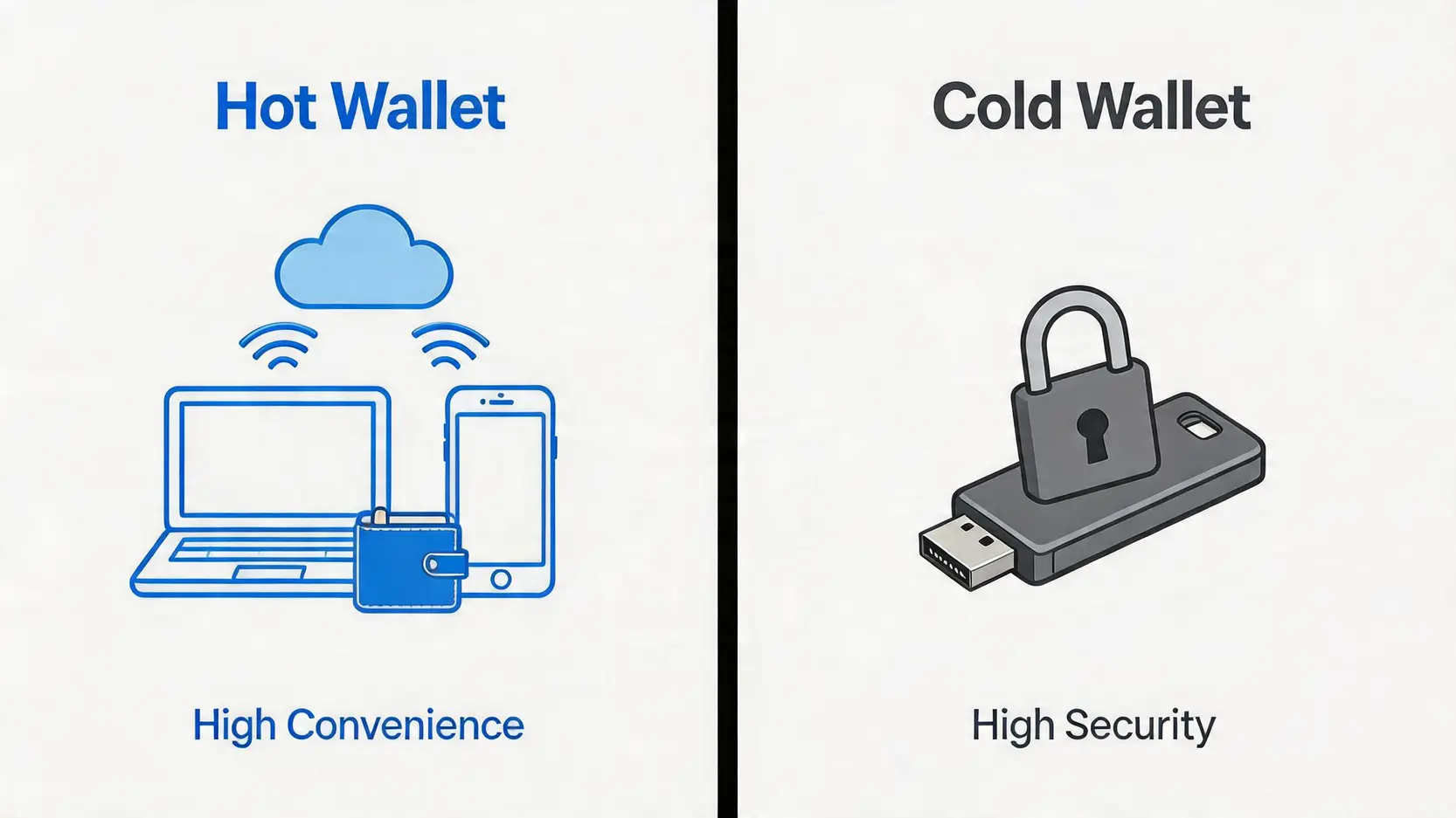 虛擬貨幣錢包推薦2026:冷錢包熱錢包分別、安全性、設定教學終極指南 2 虛擬貨幣錢包推薦,加密貨幣錢包教學,冷錢包熱錢包分別,MetaMask教學 熱錢包與冷錢包的核心差異對比圖,顯示熱錢包連網便利與冷錢包離線安全。