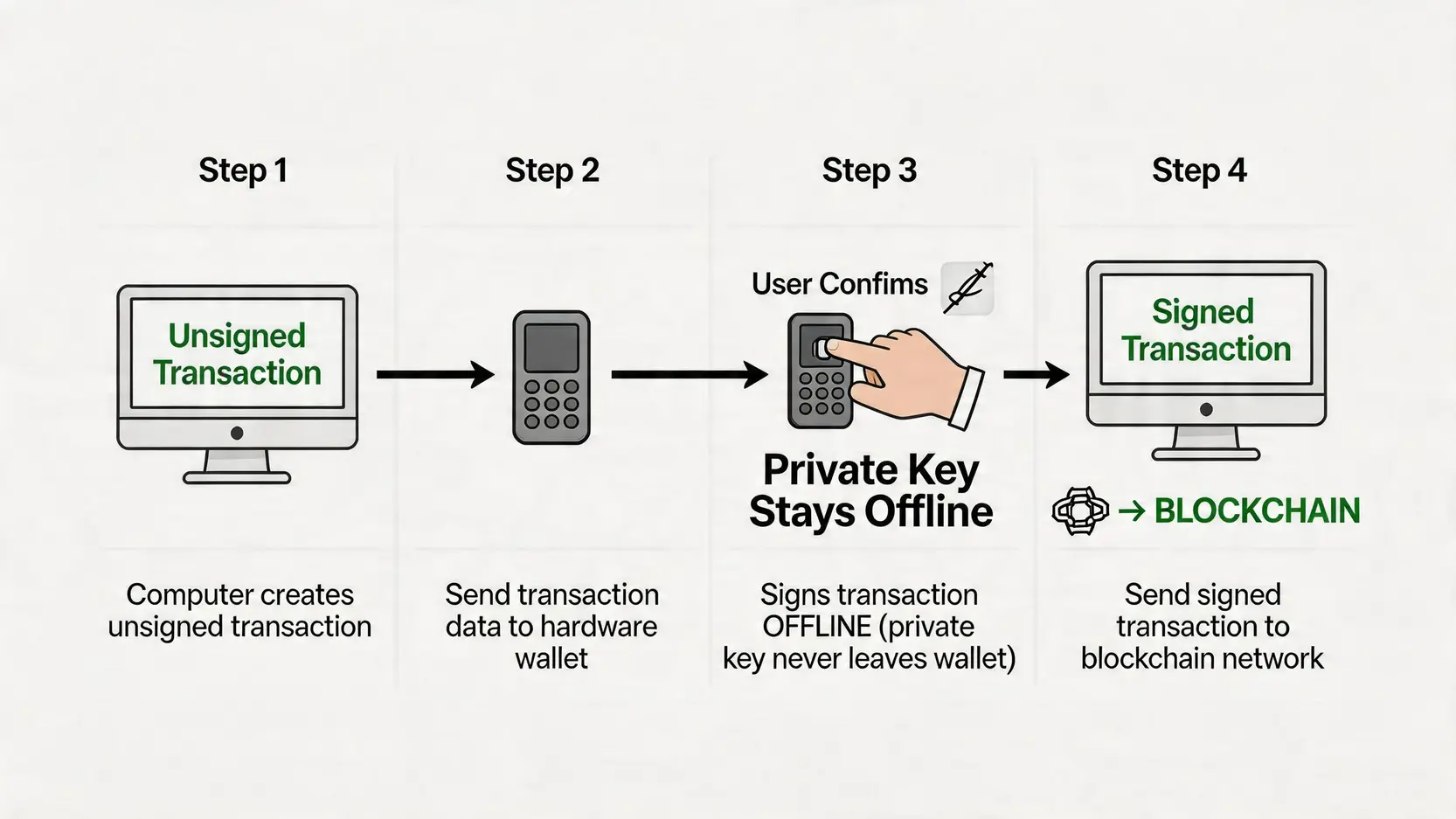 虛擬貨幣錢包推薦2026:冷錢包熱錢包分別、安全性、設定教學終極指南 3 虛擬貨幣錢包推薦,加密貨幣錢包教學,冷錢包熱錢包分別,MetaMask教學 冷錢包交易簽署流程圖,展示私鑰如何在不接觸網絡的情況下完成交易授權。