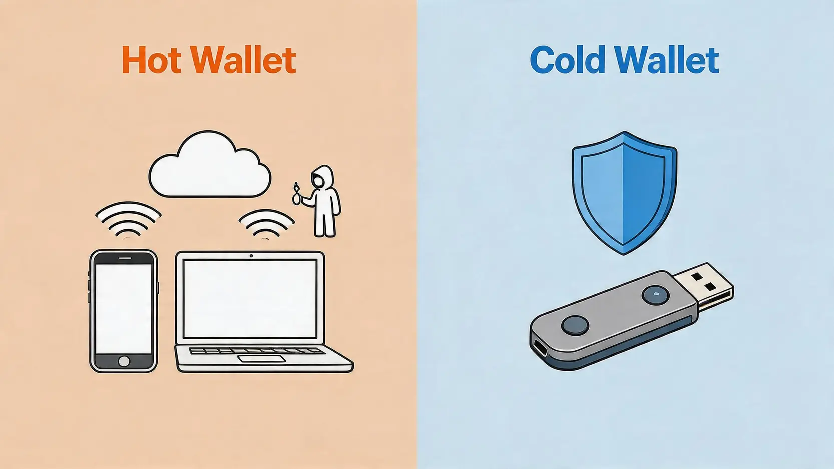 【2026最新】比特幣錢包教學:一篇搞懂Bitcoin錢包申請、出金入金全攻略! 3 比特幣錢包教學,Bitcoin錢包申請,加密貨幣出金入金,冷錢包推薦 熱錢包與冷錢包的比較圖,熱錢包連接網絡方便但有風險,冷錢包離線儲存極為安全。