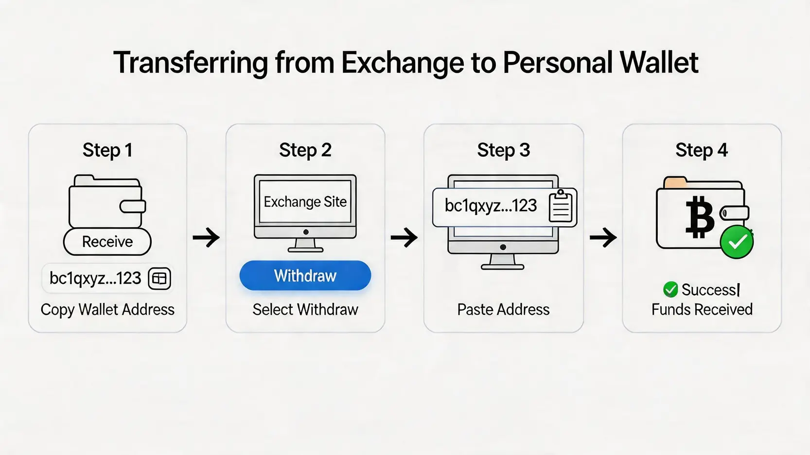 【2026最新】比特幣錢包教學:一篇搞懂Bitcoin錢包申請、出金入金全攻略! 4 比特幣錢包教學,Bitcoin錢包申請,加密貨幣出金入金,冷錢包推薦 從交易所將比特幣轉入個人錢包的入金流程圖。