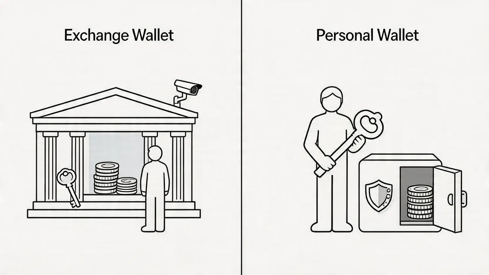 【2026最新】比特幣錢包教學:一篇搞懂Bitcoin錢包申請、出金入金全攻略! 2 比特幣錢包教學,Bitcoin錢包申請,加密貨幣出金入金,冷錢包推薦 交易所錢包與個人錢包的比較圖,顯示交易所保管私鑰而個人錢包由用戶自己掌握私鑰。