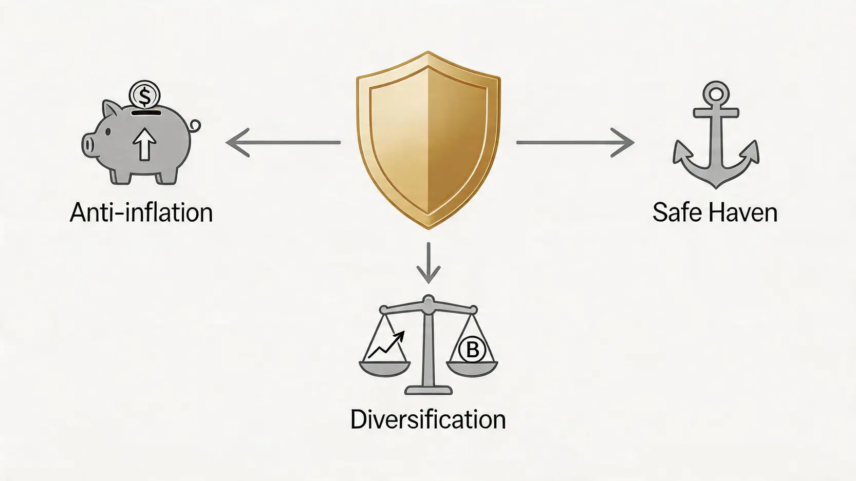 【香港黃金股票推薦】金價升市必讀:黃金ETF比較、黃金概念股全攻略2026 2 香港黃金股票推薦,黃金ETF比較,黃金概念股,金礦股投資 一張概念圖,展示黃金投資的三大主要功能:對抗通脹、市場避險和分散投資組合風險。
