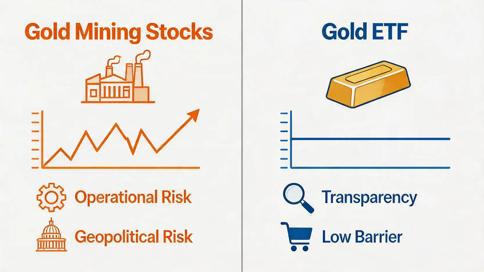 【香港黃金股票推薦】金價升市必讀:黃金ETF比較、黃金概念股全攻略2026 3 香港黃金股票推薦,黃金ETF比較,黃金概念股,金礦股投資 一張對比圖,比較投資黃金股票與黃金ETF的區別,左側展示金礦股的高風險高回報特性,右側展示黃金ETF緊貼金價、風險較低的特性。