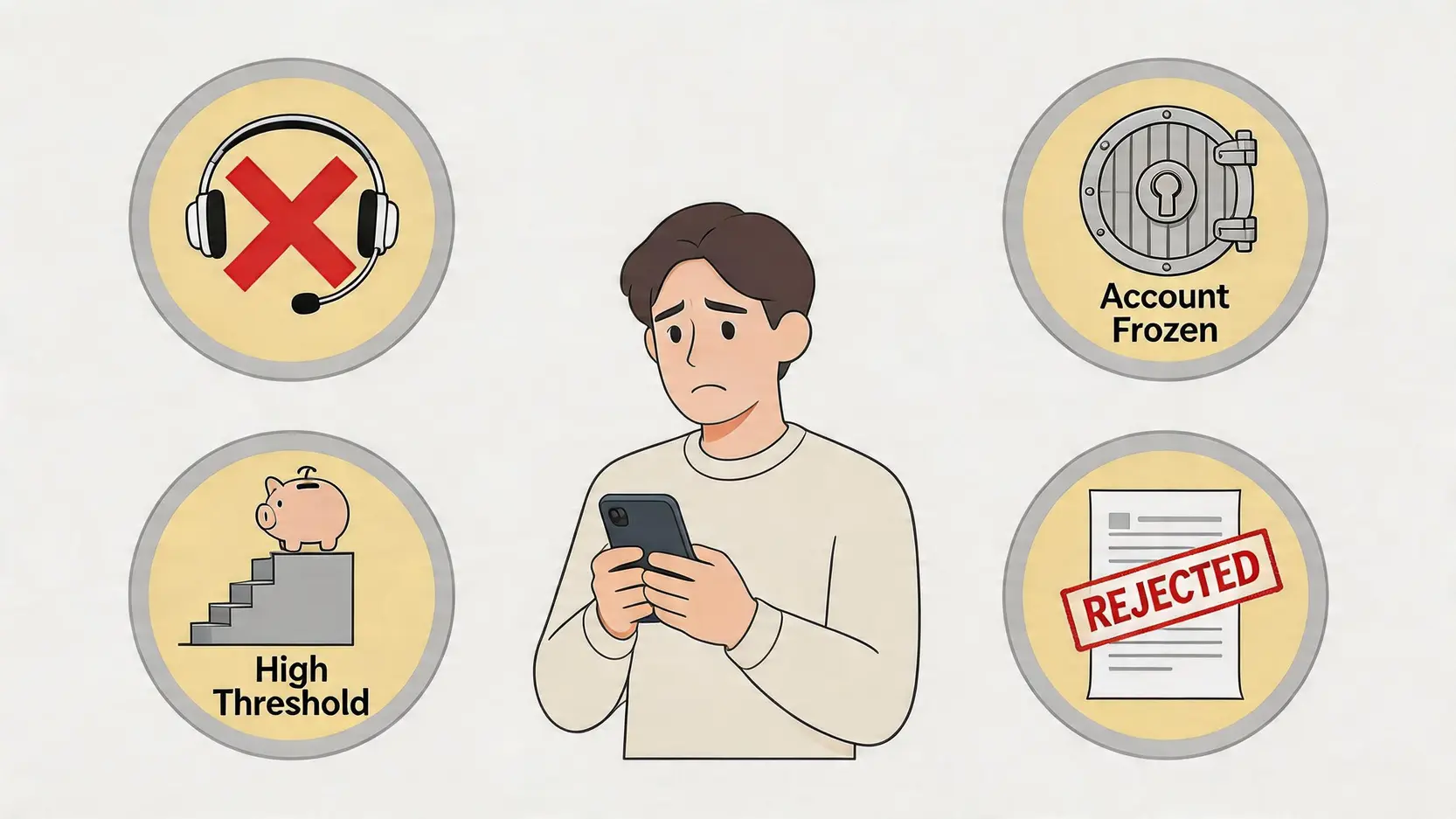 【Mox Bank評價】Mox Bank好唔好?一篇看清迎新優惠、信用卡回贈及所有缺點 4 MoxBank好唔好,MoxBank評價,MoxBank缺點,MoxCredit信用卡 總結Mox Bank四大潛在缺點的概念圖,包括客戶服務、高回贈門檻、戶口凍結風險及嚴格的信貸審批。