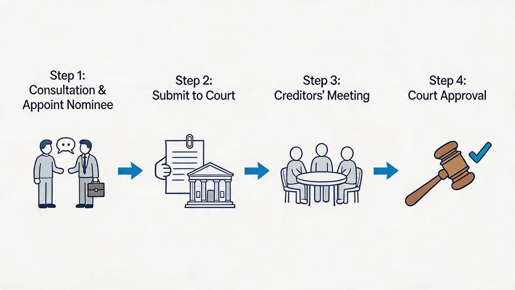 【債務重組2026】一篇搞懂IVA/DRP分別!申請程序、費用及後果全攻略 2 債務重組意思,IVA個人自願安排,債務舒緩DRP分別,信貸評級 申請IVA個人自願安排的四個步驟流程圖,包括諮詢、提交法院、債權人會議和法院批准。