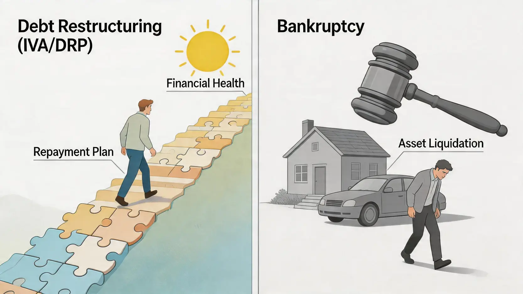 【債務重組2026】一篇搞懂IVA/DRP分別!申請程序、費用及後果全攻略 4 債務重組意思,IVA個人自願安排,債務舒緩DRP分別,信貸評級 債務重組(還款)與破產(清盤)兩種財務解決方案的根本區別概念圖。