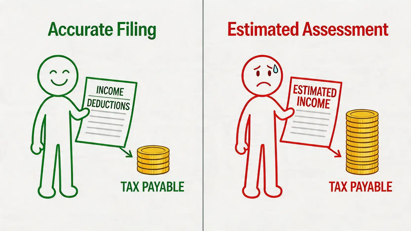 【2026報稅懶人包】遲交報稅表罰款$10,000?一文睇哂報稅死線、延期申請教學 3 遲交報稅表罰款,報稅死線,如何申請延期報稅,估計評稅 準時報稅與估計評稅的對比圖,顯示估計評稅會因高估收入且無扣稅項目而導致更高的稅款。