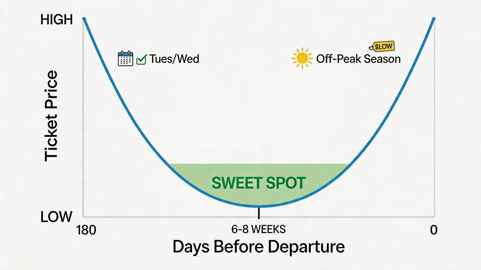 【買平機票攻略2026】如何買平機票?7大秘訣+App推薦, 訂票時機一篇搞懂慳旅費 2 如何買平機票,買平機票攻略,平機票App推薦,買平機票時間 一張圖表解釋購買平機票的最佳時機,顯示機票價格隨時間變化的U型曲線,並標示出發前6至8星期的黃金訂票區間。