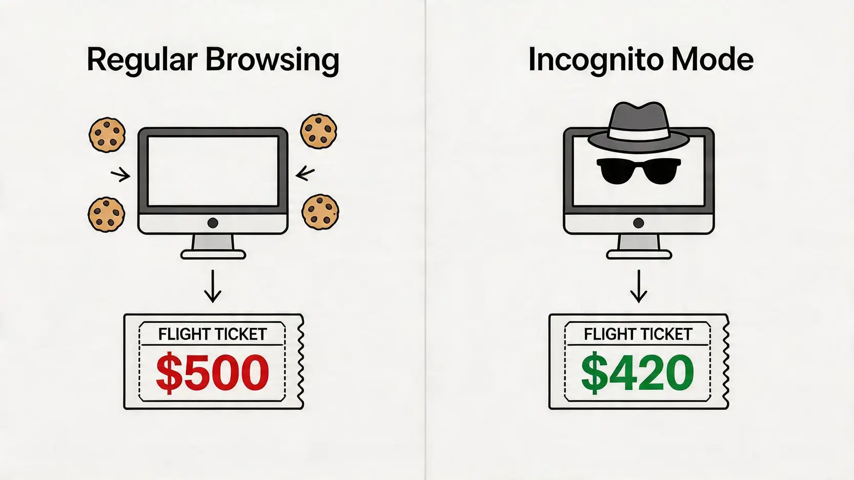 【買平機票攻略2026】如何買平機票?7大秘訣+App推薦, 訂票時機一篇搞懂慳旅費 3 如何買平機票,買平機票攻略,平機票App推薦,買平機票時間 一張對比圖,展示在一般模式和無痕模式下搜尋機票的價格差異,說明Cookie如何影響機票報價。