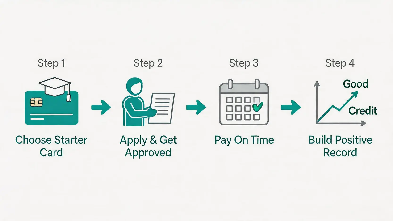 【2026最易申請信用卡香港】免入息證明/學生信用卡推薦,信貸白板都批! 3 最易申請信用卡香港,免入息證明信用卡,學生信用卡推薦 一張流程圖,展示信貸白板人士建立良好信貸紀錄的四個步驟:選擇入門卡、申請獲批、準時還款、建立正面紀錄。