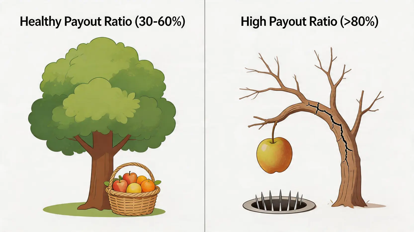 【2026收息攻略】10隻必買美股收息股推薦,一篇搞懂高息ETF點樣揀! 2 美股收息股推薦,高息美股ETF,股息貴族,SCHD 一張對比圖,展示了健康的派息比率與過高的派息比率(高息陷阱)之間的區別,強調可持續性的重要性。