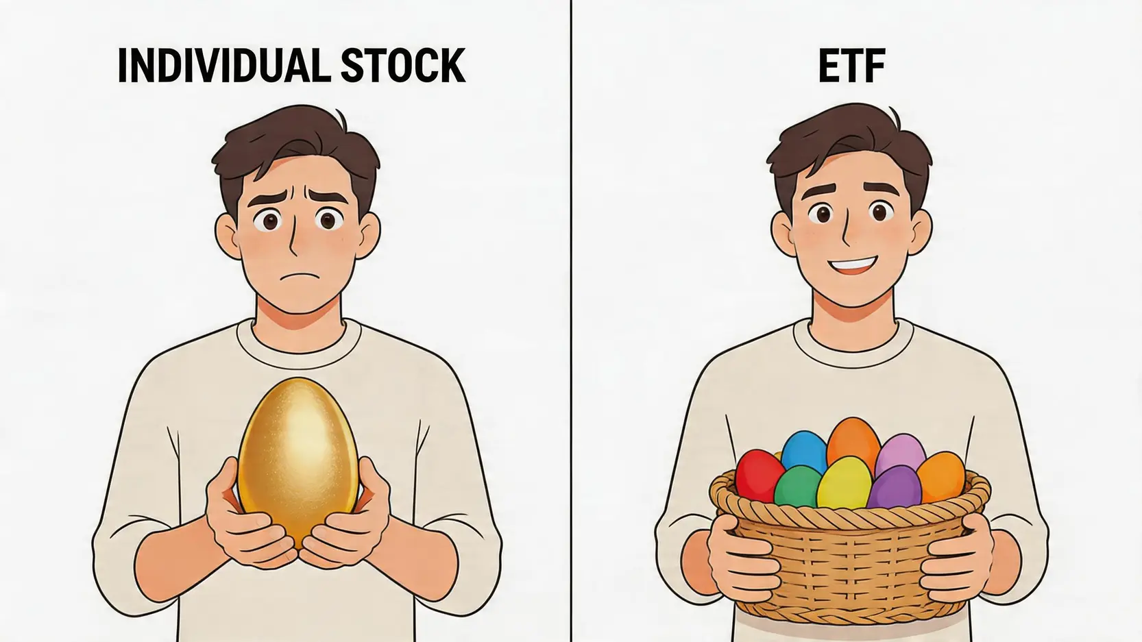 【2026收息攻略】10隻必買美股收息股推薦,一篇搞懂高息ETF點樣揀! 3 美股收息股推薦,高息美股ETF,股息貴族,SCHD 一張比較圖,左邊是一個人小心翼翼地捧著一顆大雞蛋代表個股投資,右邊是一個人輕鬆地提著一籃子雞蛋代表ETF投資,形象地說明了風險分散的概念。