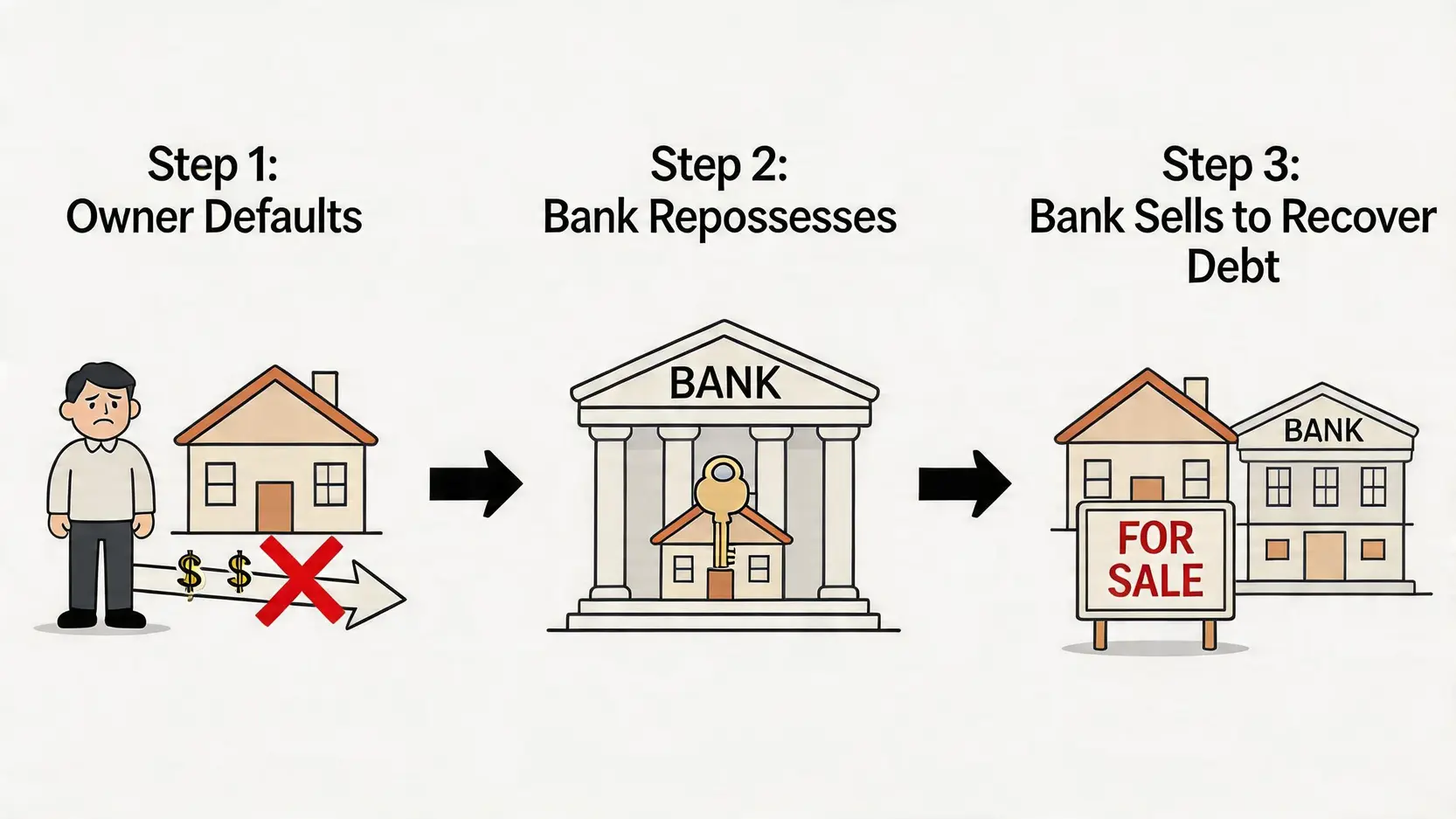 【2026銀主盤按揭天書】一篇搞懂買銀主盤程序、8大風險及按揭申請全攻略 2 銀主盤按揭,買銀主盤程序,銀主盤風險,銀主盤查冊 一張流程圖,展示銀主盤的形成三部曲:業主斷供、銀行收樓、銀行出售物業。