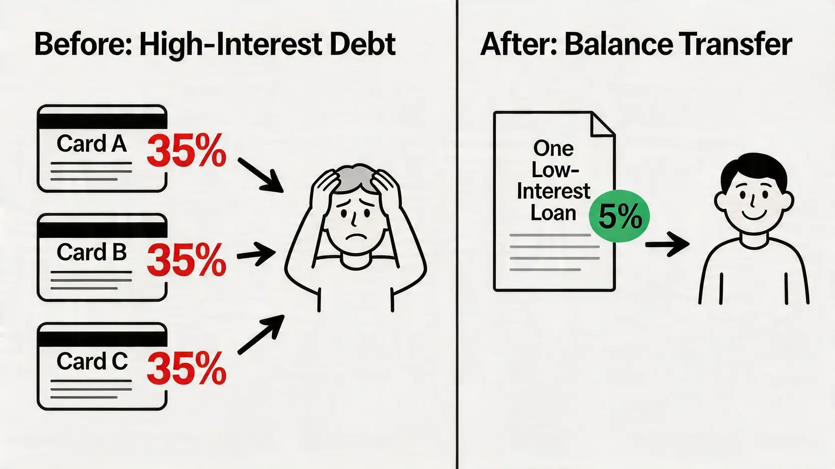 【2026清卡數】結餘轉戶邊間好?10大銀行/財務公司計劃比較、慳息教學及TU影響全攻略 2 清卡數邊間好,結餘轉戶計劃比較,TU信貸評級影響 一張對比圖,展示結餘轉戶前擁有多張高息信用卡債務的壓力狀態,與轉戶後整合為一筆低息貸款的輕鬆狀態。