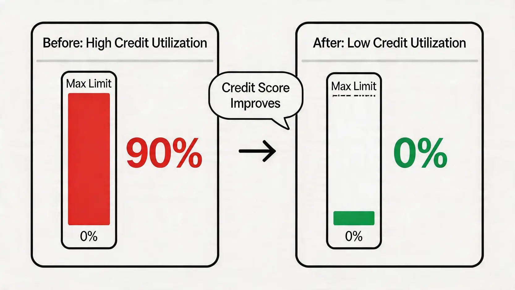 【2026清卡數】結餘轉戶邊間好?10大銀行/財務公司計劃比較、慳息教學及TU影響全攻略 3 清卡數邊間好,結餘轉戶計劃比較,TU信貸評級影響 一張示意圖,說明結餘轉戶如何透過還清卡數,將高的信貸使用率大幅降低至零,從而有助於提升TU信貸評級。