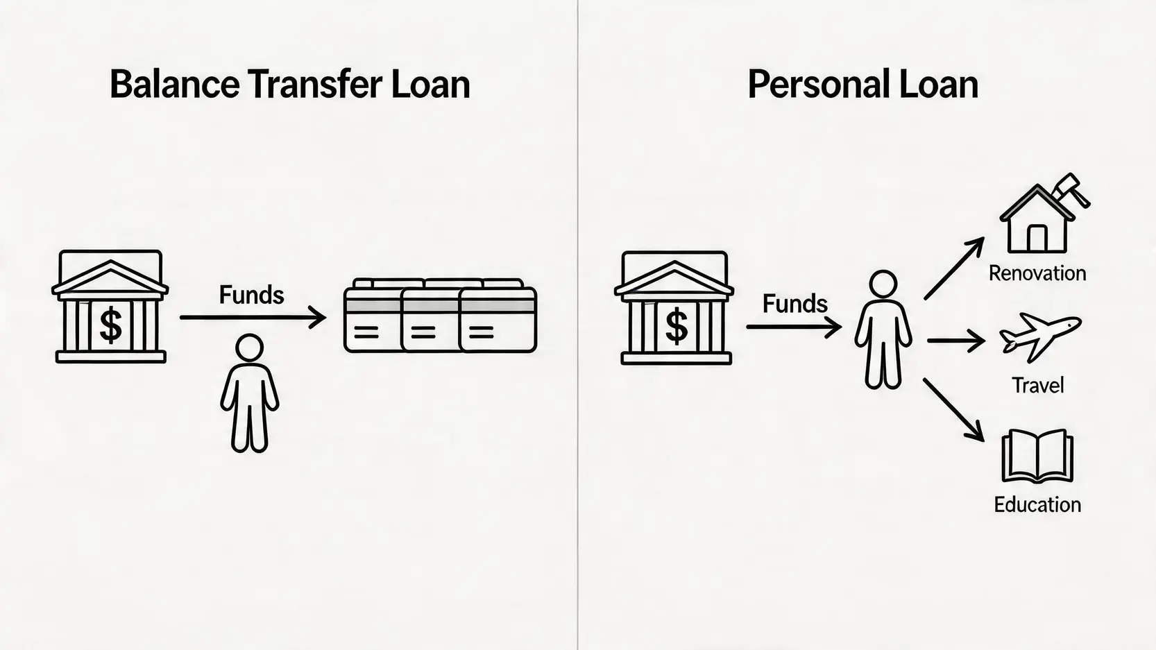 【2026清卡數】結餘轉戶邊間好?10大銀行/財務公司計劃比較、慳息教學及TU影響全攻略 4 清卡數邊間好,結餘轉戶計劃比較,TU信貸評級影響 一張流程圖,比較結餘轉戶貸款與普通私人貸款的資金流向。結餘轉戶的資金直接用於還卡數,而私人貸款的資金則存入個人戶口自由使用。