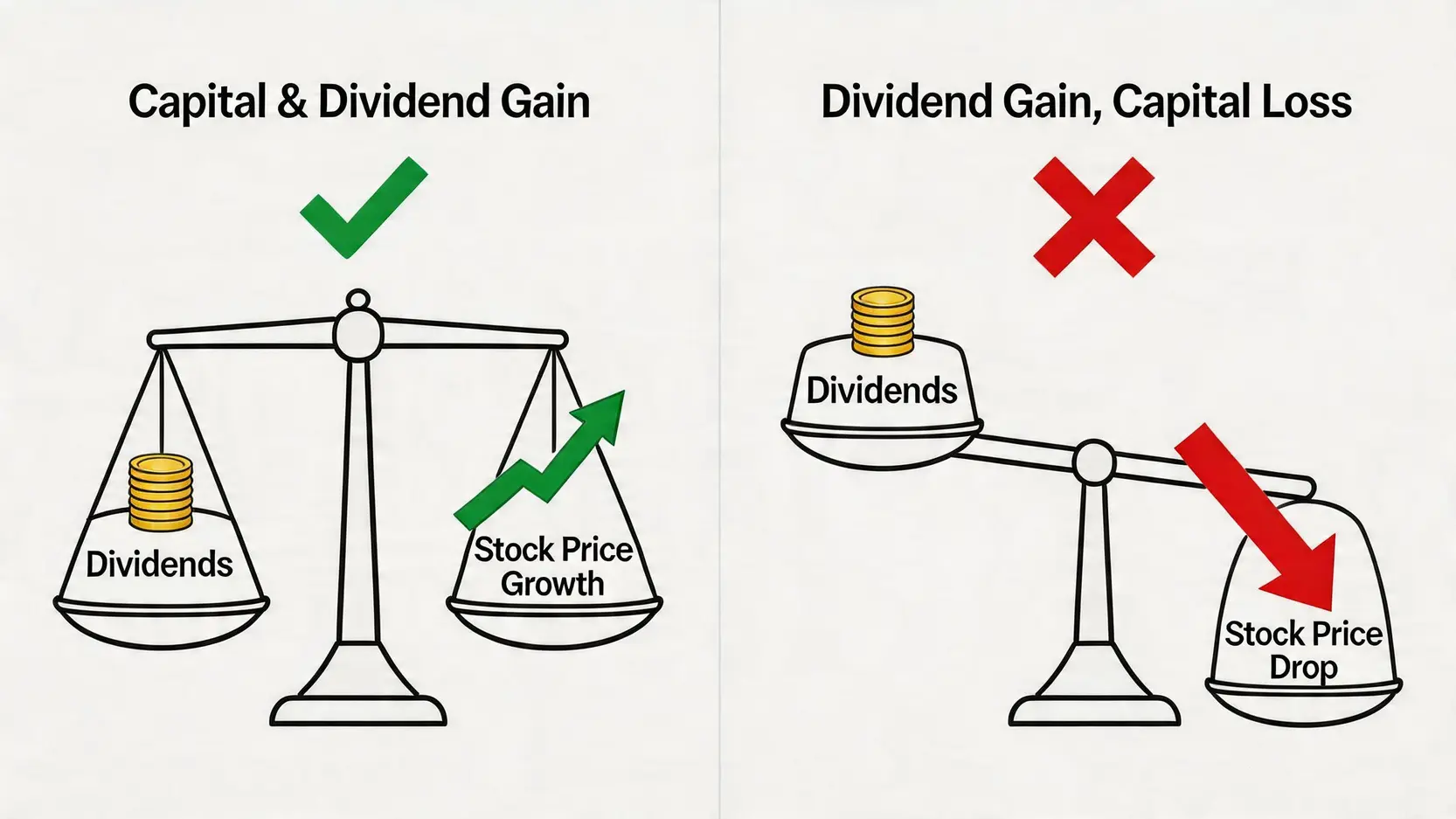 【2026香港高息股推薦】精選15隻穩健收息股,教你打造月月派息現金流組合! 2 香港高息股推薦,穩健收息股組合,月月派息港股,高息藍籌股 一張對比圖,說明「財息兼收」和「賺息蝕價」的區別。左邊是股價增長和股息收入達到平衡的理想狀態,右邊是股價下跌損失超過股息收入的虧損狀態。