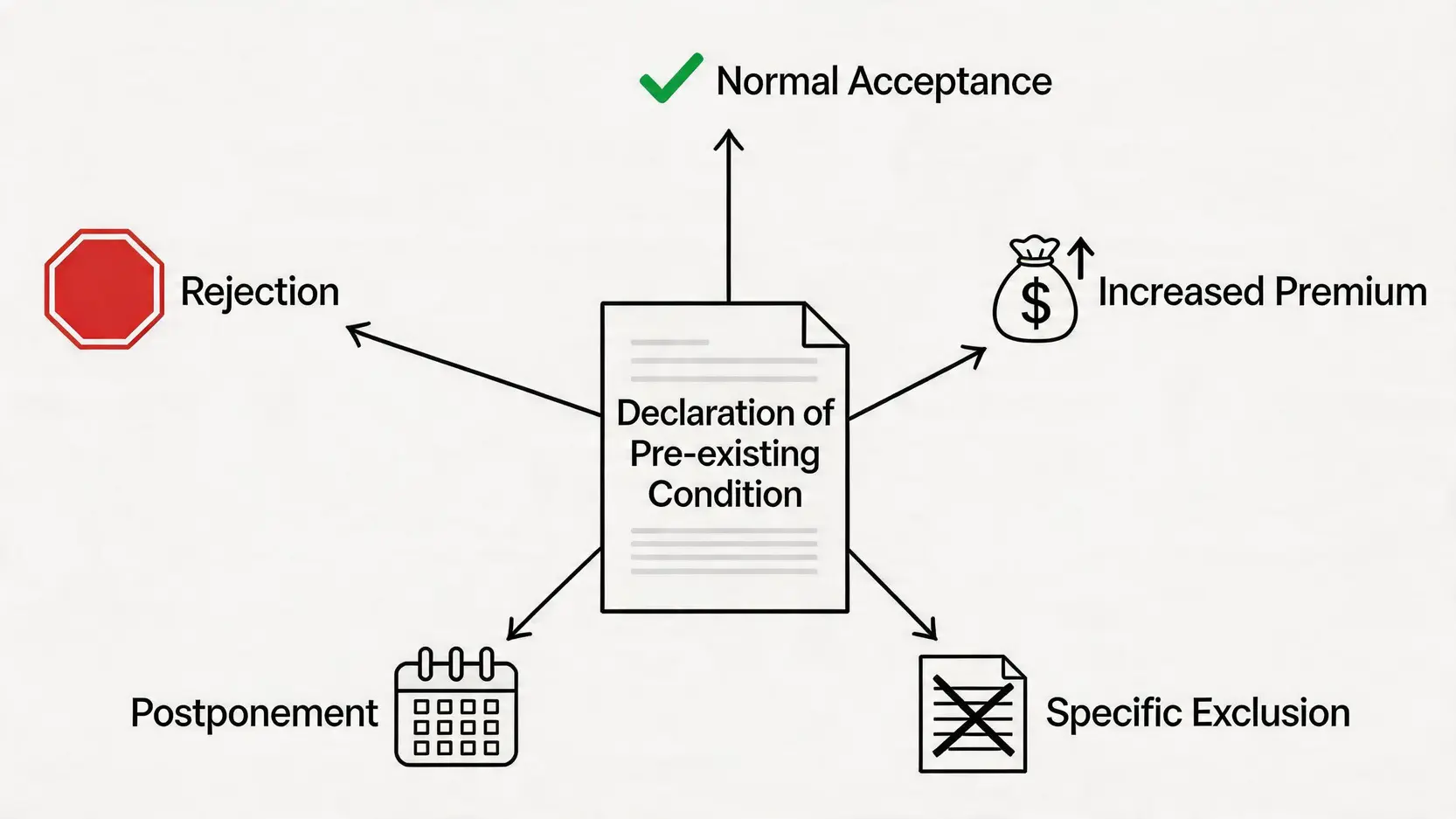 【2026投保天書】人壽危疾保險陷阱大拆解:由不保事項到冷靜期,一篇搞懂! 2 人壽保險不保事項,危疾保險陷阱,保險冷靜期,拒賠原因 一張流程圖,展示申報已存在疾病後保險公司的五種可能核保結果:正常承保、增加保費、加入不保事項、延期受保和拒絕受保。