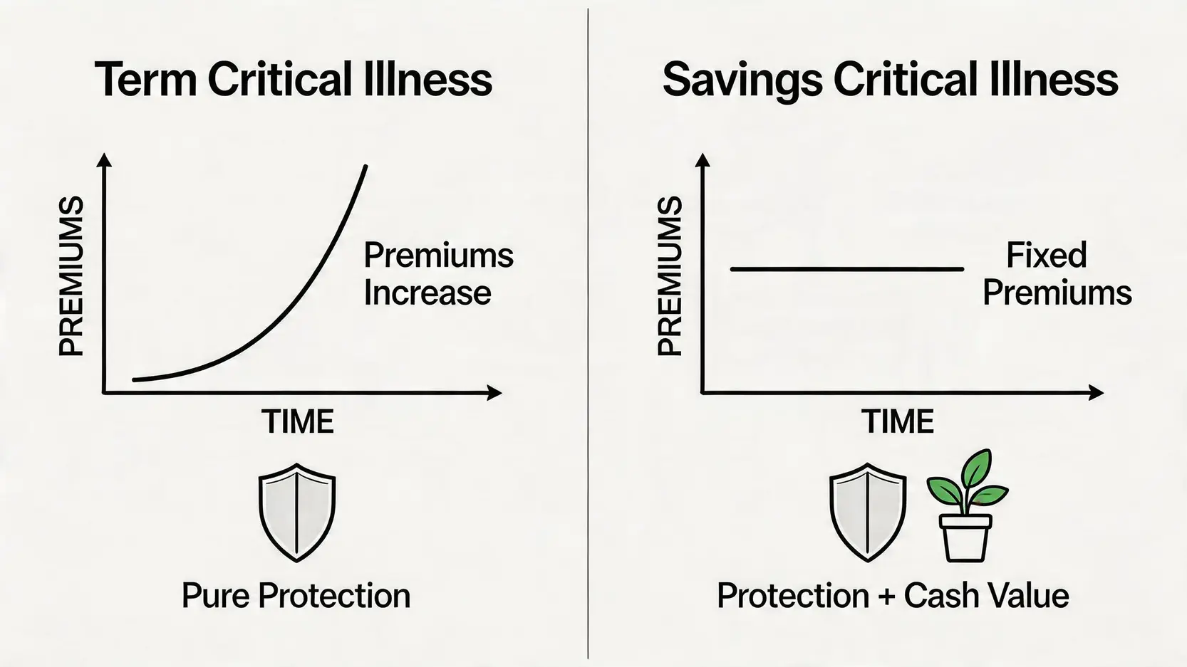 【2026投保天書】人壽危疾保險陷阱大拆解:由不保事項到冷靜期,一篇搞懂! 3 人壽保險不保事項,危疾保險陷阱,保險冷靜期,拒賠原因 儲蓄型與消費型危疾保險的對比圖,展示兩者在保費、保障年期和現金價值上的主要分別。