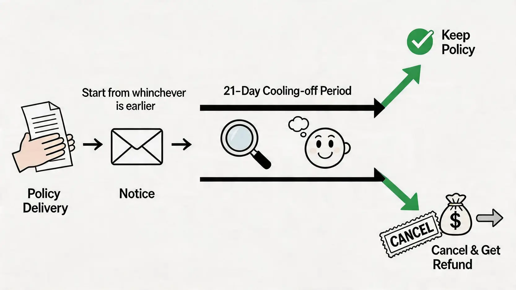 【2026投保天書】人壽危疾保險陷阱大拆解:由不保事項到冷靜期,一篇搞懂! 4 人壽保險不保事項,危疾保險陷阱,保險冷靜期,拒賠原因 一張時間軸圖,解釋保險冷靜期的21日計算方法、審閱過程以及期內取消保單並獲得退款的權利。
