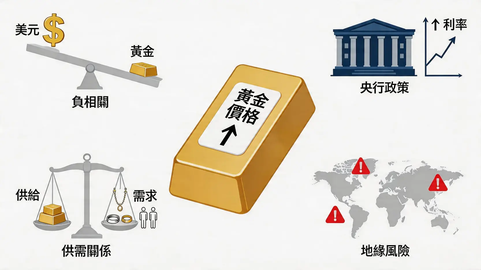 黃金投資入門:2026新手必看!5大買賣黃金方法、優劣全攻略 2 黃金投資,買賣黃金,黃金價格,黃金ETF,實金買賣,黃金存摺,投資黃金好處 影響黃金價格的四大關鍵因素示意圖,包括美元匯率、利率政策、市場供需和地緣政治風險。