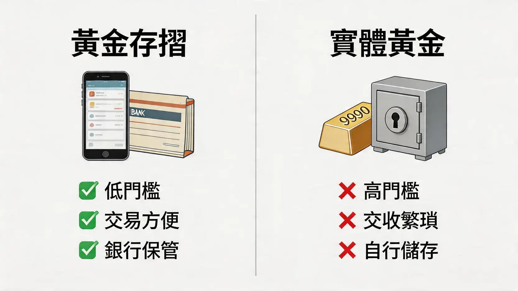 黃金存摺全攻略:開戶、優缺點及香港4大銀行手續費比較 3 黃金存摺,黃金存摺是什麼,黃金存摺優缺點,黃金存摺銀行,紙黃金,黃金戶口 黃金存摺與實體黃金的優缺點對比圖,涵蓋投資門檻、交易便利性及保管方式。